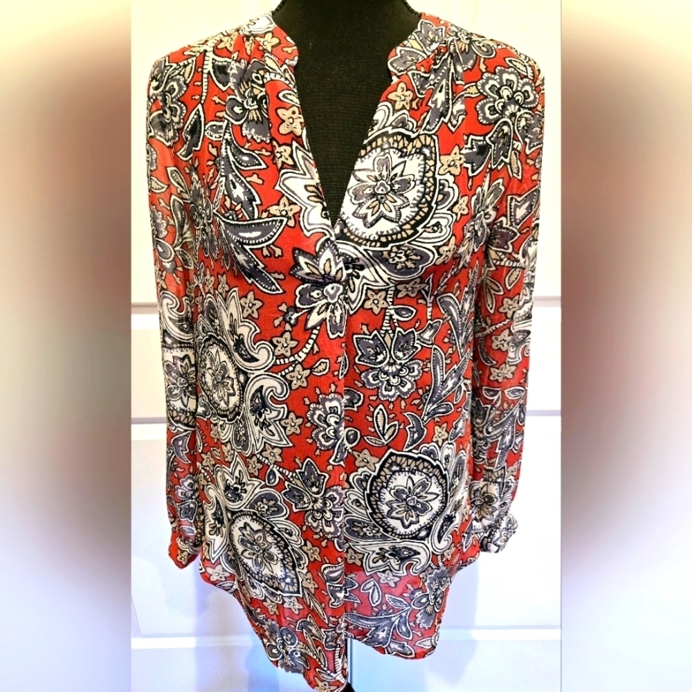LOFT Tunic V-Neck Blouse Coastal Gray & Burnt Red Paisley Print Sz Small